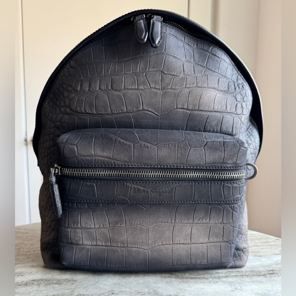 SALVATORE FERRAGAMO BACKPACK RUCKSACK CROCODILE MATTE BLACK GRAY $4300 NWOT